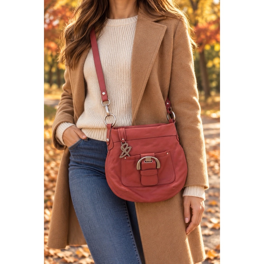 B Makowsky Rust Red Leather Crossbody Shoulder Bag Leopard Lining Charm